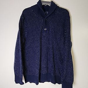 J. Crew Sweater Men's Large Navy Blue White Dots Double Button Collar Lambs Wool